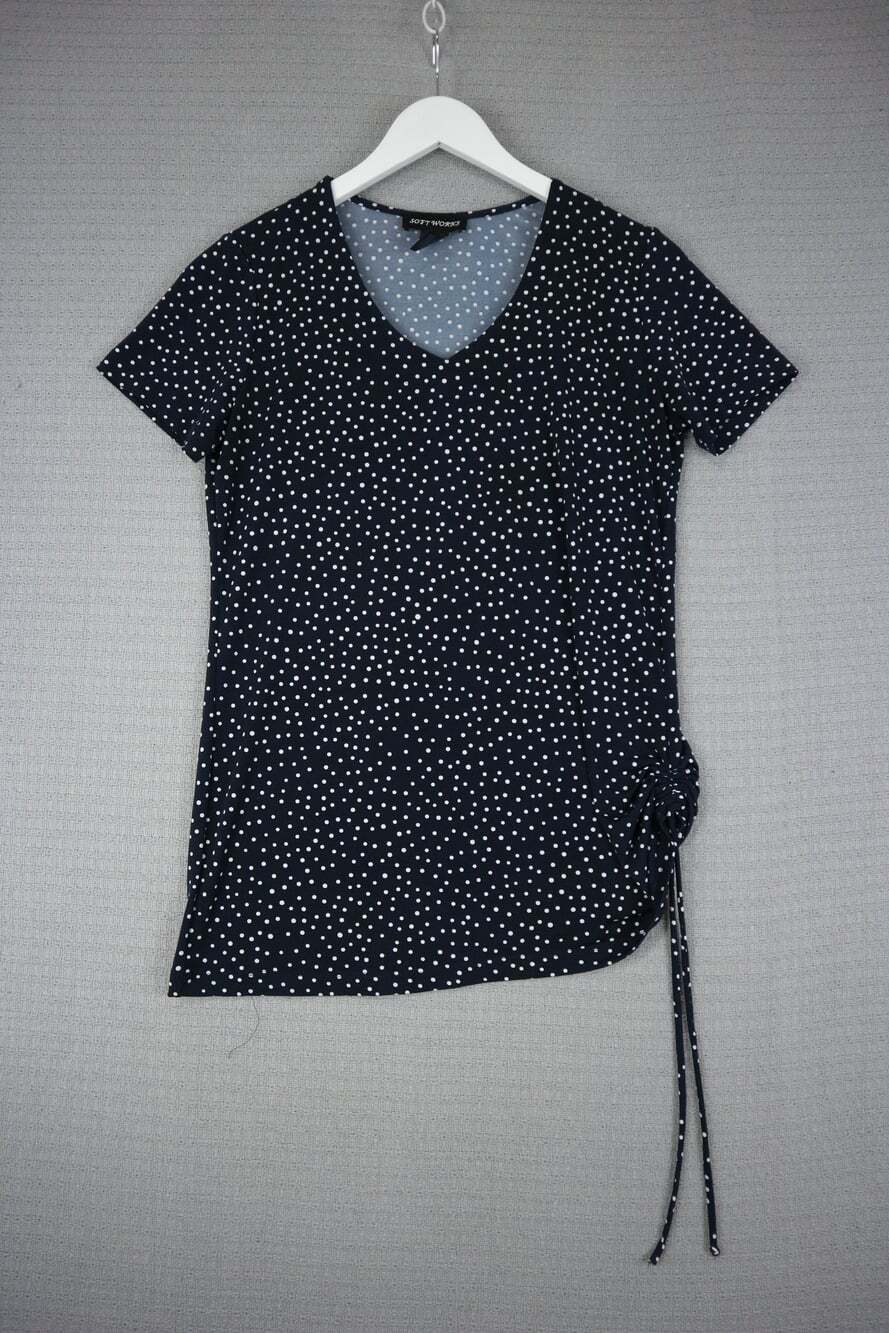 Soft Works Black White Polka Dot V-Neck Short Sleeve Ruched Drawstring Side Top